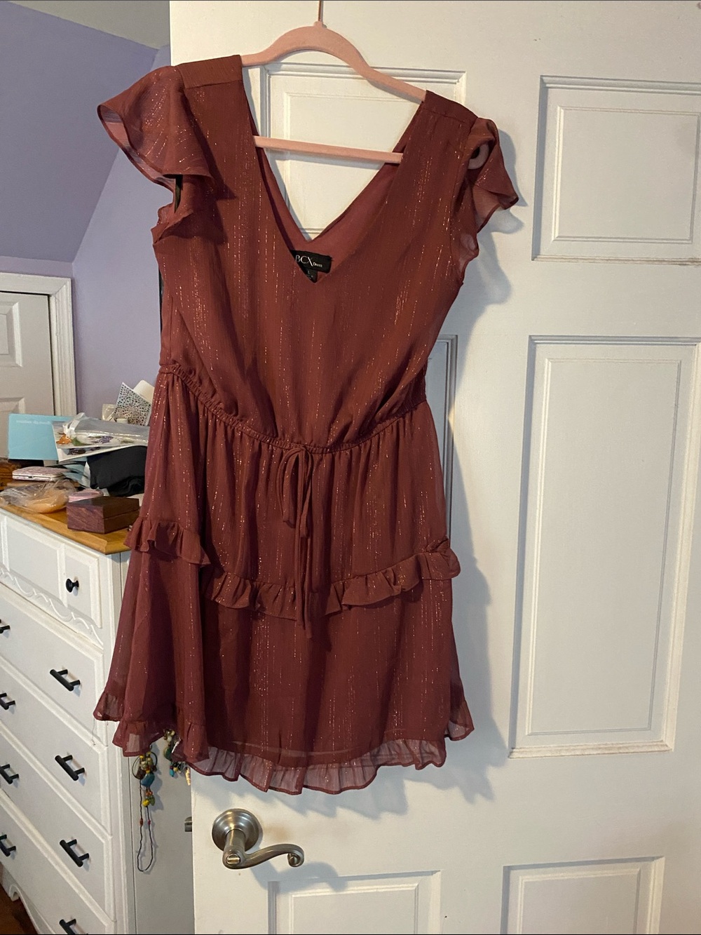BCX Brown Ruffle V-Neck Mini Dress